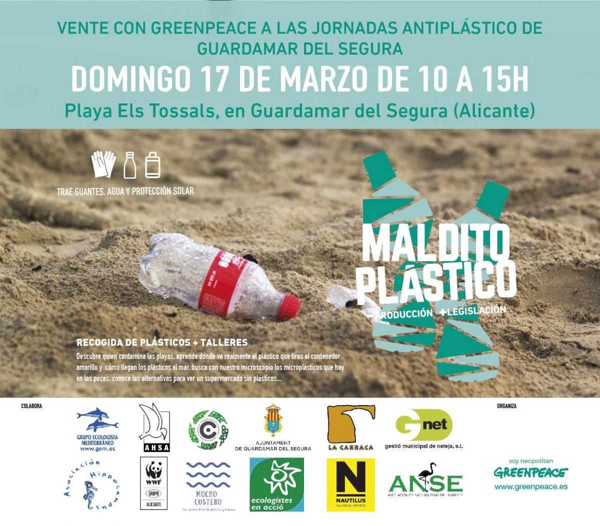 Gå med i ren plast på stranden i Guardamar del Segura